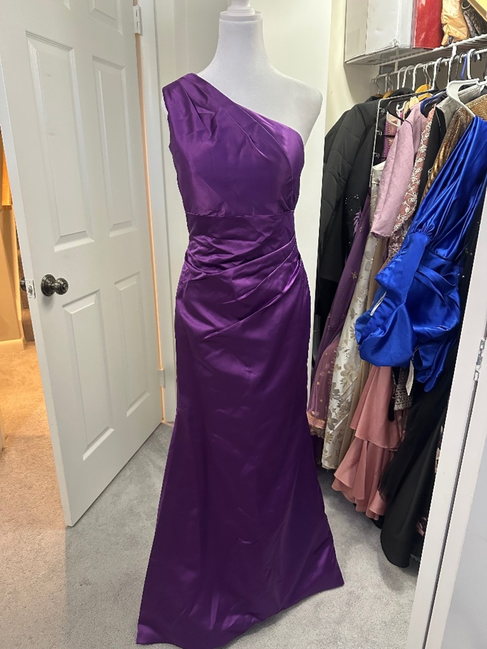 ABC Dress Purple One Shoulder Satin Gown Lace Up Back Formal Dress Size 8 NWT
